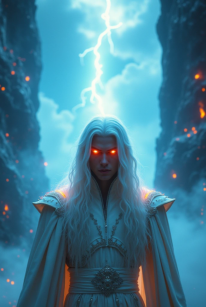 a man with flaming eyes that shine like fire,white hair as snow,white and shining clothes,glories evaporating like blue mist,live coal and the sky tearing apart,(best quality,4k,8k,highres,masterpiece:1.2),ultra-detailed,(realistic,photorealistic,photo-realistic:1.37),detailed eyes,detailed face,detailed lips,longeyelashes,dramatic lighting,cinematic,fantasy,mist,vibrant colors