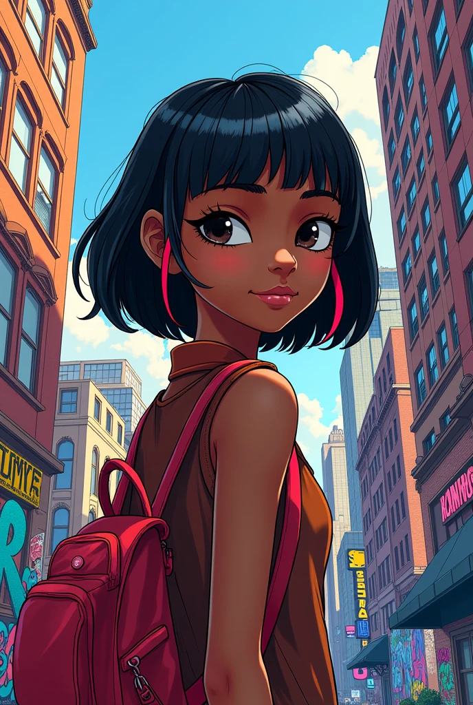 a brown girl with black eyes and short straight hair with bangs with red highlights on the back of her neck in the Spiderverse comics