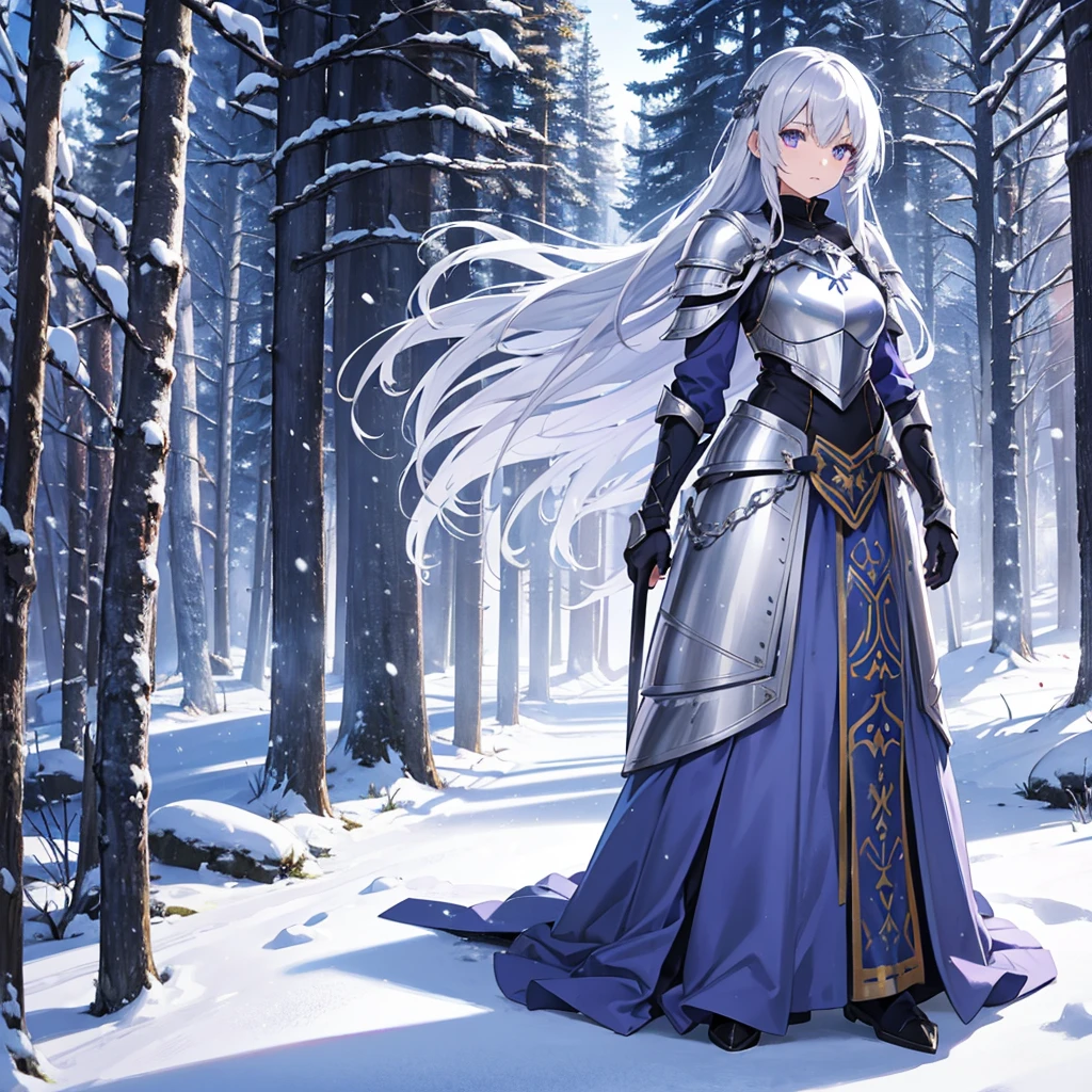 a beautiful young silver hair medieval girl warrior in blue armor, light armor, silver hair, long hair , purple eyes, slender body, beautiful woman, snowy background, snowy forest in the background, full body , long skirt , sexy


