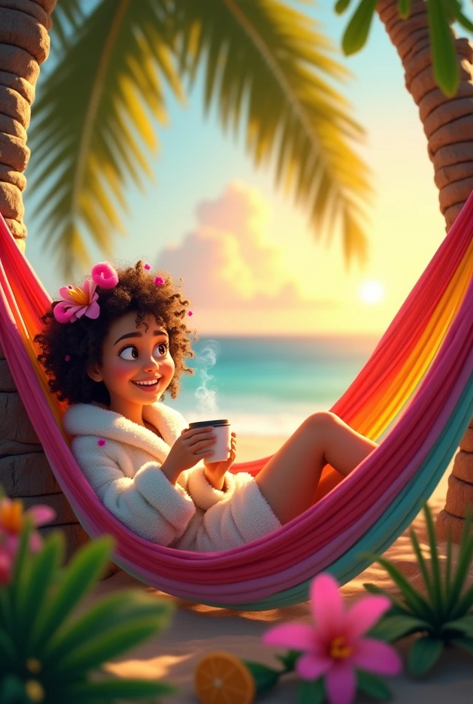 A woman in a bathrobe with curlers in her hair lying in a hammock with a cup in her hand with a funny Disney Pixar face 