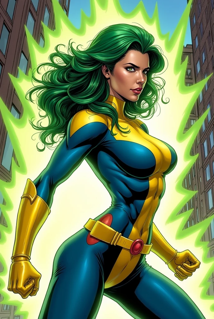 Lorna Dane, polaris x-men, (she perform a punch profile side pose:1.6), (green thick wavy long hair:1.4), (huge breast:1.6), wearing a blue costume, big yellow in the chest and stomach, with yellow xmen belt, yellow glowes, yellow boots, flyqaing in New York city, (she's surrounded by a green energy force field powers:1.3), (comic style:1.4)