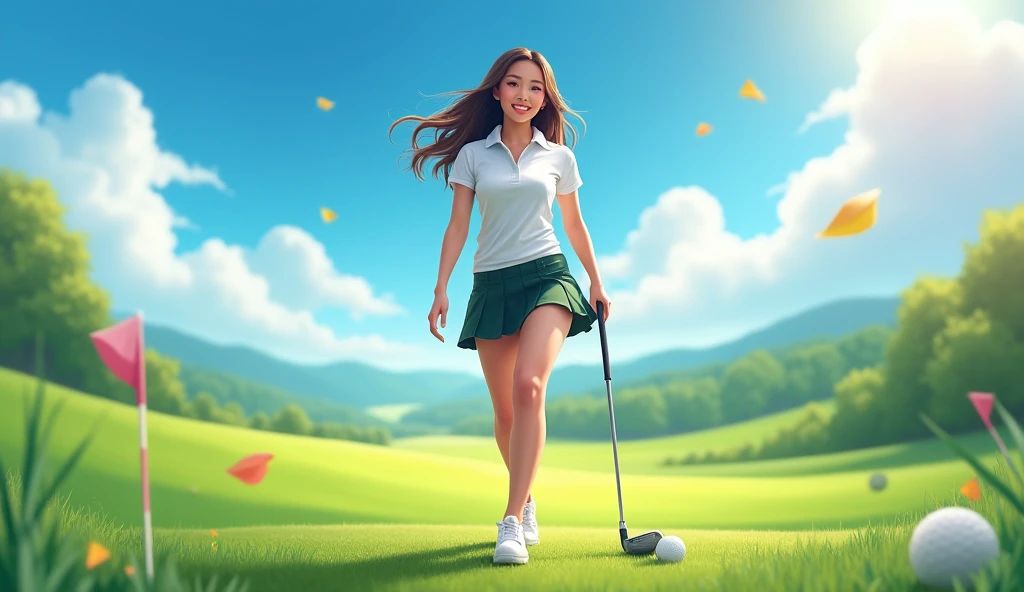 Make an Asian female model photo for a golf tournament poster, Full shot, The clothes are short skirts, sexy body, Walk towards the camera,