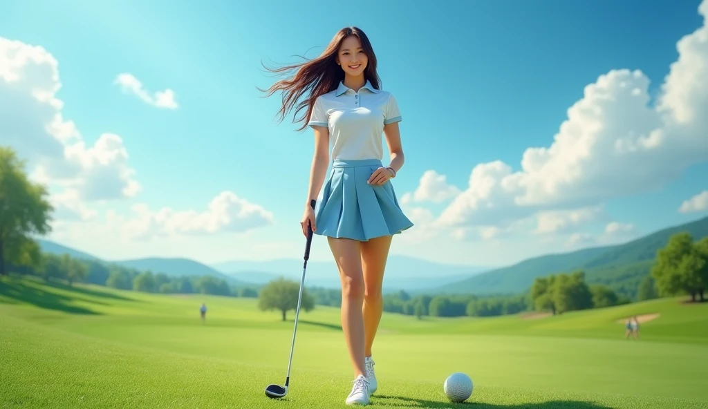 Make an Asian female model photo for a golf tournament poster, Full shot, The clothes are short skirts, sexy body, Walk towards the camera,