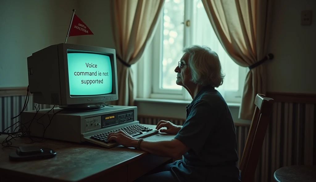 Background and setting: A room with ordinary furniture and a table, on which the old computer stands. There is a chair next to the computer, Where is the 60-year-old woman sitting with a worried expression?.

computer: Old model with big buttons, screen and wires. You can add a little comic expression, to emphasize, that he "doesn&#39;t listen".
scene:

A masterpice: Smiling restrainedly, Standing next to the computer. You can draw it with an expressive gesture, As if he's explaining to the woman, That the computer cannot recognize voice commands.
Dialogue bubbles: Woman says: "?", And in response to this, an empty cloud or just a chilling look can come out of the computer, to show, that he "doesn&#39;t listen".
Elements of humor: Add some small details, to emphasize комичность ситуации — например, Touched, But an unsolved flag with the inscription "Voice commands are not supported" On the computer screen. Inscriptions in Russian