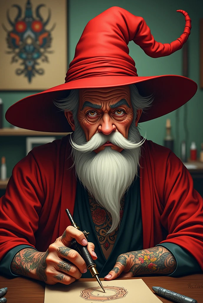 Create a character design for an old male anime wizard holding a tattoo machine for a tattoo studio logo. His name is Bruxo, he wears red clothing, and has tattoos. The image should only be from the chest up. , He has a big red anime wizard hat, 

