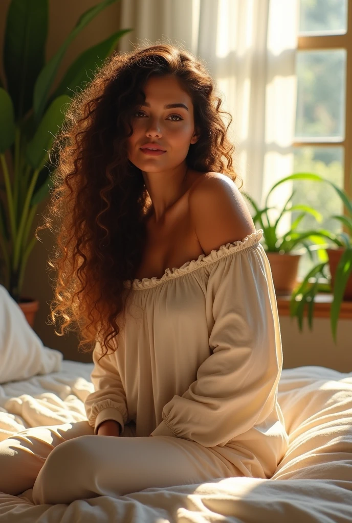 (photorealism:1.2), beautiful woman, sitting on bed, wearing loose off-shoulder top, pajama pants, long curly hair, indoors, soft lighting, plants in background, window with sunlight, cozy room, relaxed pose, realistic, intricate details, warm colors, by Greg Rutkowski, by Alphonse Mucha