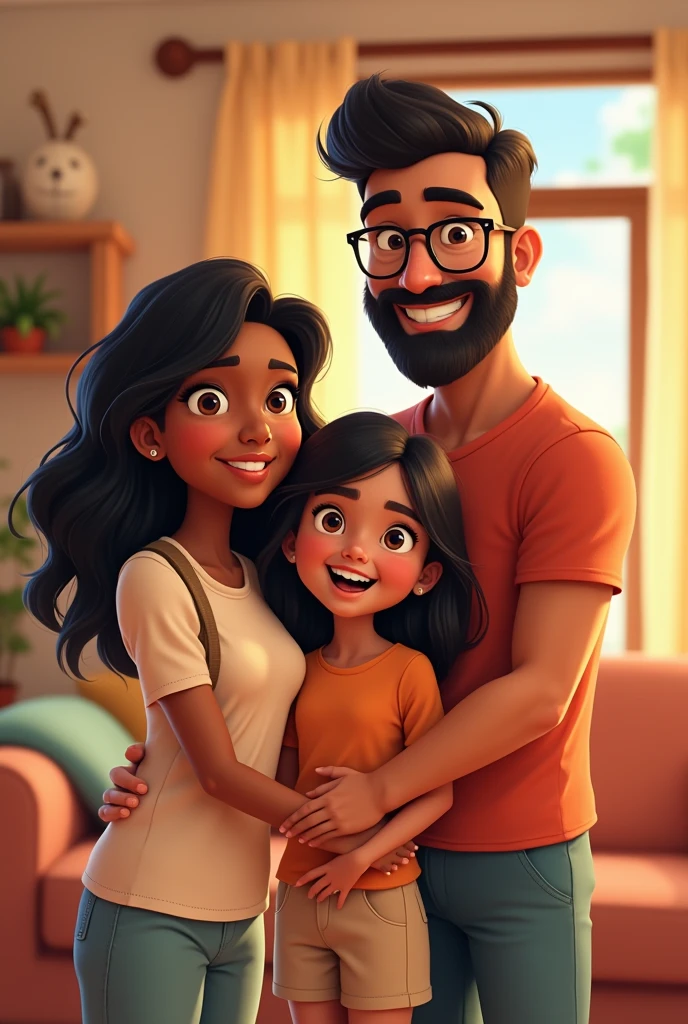 Animated family girl with straight black hair without glasses mom wavy hair dark skin dad light skin beard glasses short hair