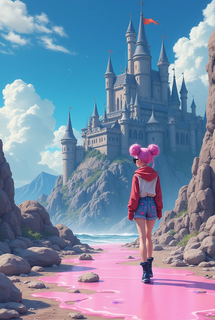 A gray and blue castle crumbling while a Japanese girl with pink hair in space buns, wearing a two-tone jacket and flowers denim shorts and boots sunglasses walking away contemplatively and pastel pink slime dripping on the floor 