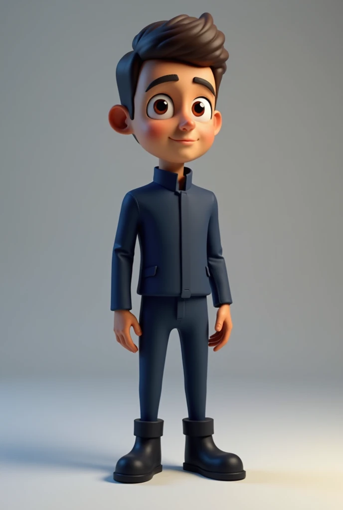 Create an adult 3D mascot with the appearance of a 30-year-old male, light brown, thin with a slightly thin face and a slightly thin chin, with brown eyes, wearing a dark blue uniform, without logo, without details, with black boots. , and also with thin curly hair and a bit bald with a slightly thin nose 