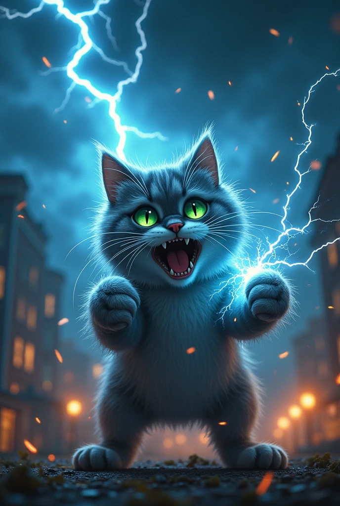 A cat shooting lightning from its paws while screaming