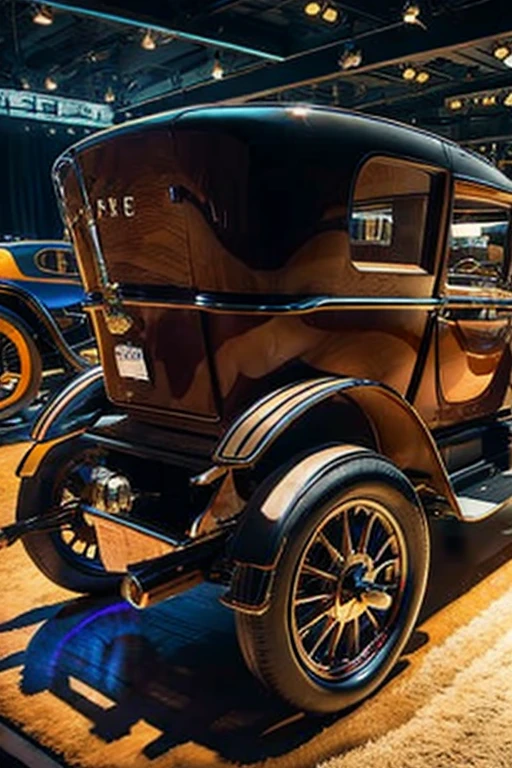 best quality, high quality, ultra quality, 8k, masterpiece, detailed, extremely detailed, insanely detailed, ultra detailed, ultra highres ,exquisite, lifelike Images,cinematic experience,UHD picture,Realistic,photorealistic,hyperrealistic,vivid,RAW photo,shot by DSLR,a vintage 1920s car, art deco style, chrome accents, elegant curves, headlights, wire wheels, glossy paint, automotive engineering, industrial revolution, classic car, vintage, old-fashioned, antique, automotive history, transportation, machinery