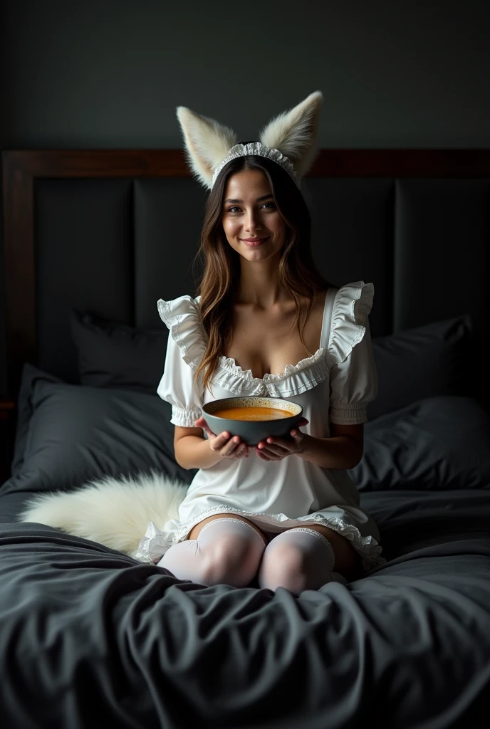 female, white and fluffy fox ears, white and fluffy fox tail, attractive, white maid outfit, white thigh highs, dark and scary walls in the back, sitting on big and dark but comfy bed, holding a bowl of warm soup, motherly smile, 33 years old