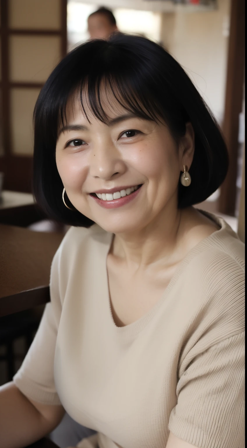Osaka's aunt、Organic Photography、Highest quality、masterpiece、Ultra-high resolution、Beautiful Japanese old lady、60 years old、Looking at the audience、Elegant face、Smiling with teeth showing、Big Breasts、Wearing a plain short-sleeved knit、Short Hair、mini skirt、Earrings、A corner of a coffee shop, Background Blur