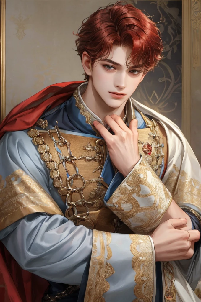 young prince, aged 14, possessing a lean and athletic frame, showing the first signs of impending manhood. Your face is still youthful with soft, boyish features, yet there is an air of maturity in your demeanor. Your eyes are a deep shade of brown, framed by long, thick lashes. Your hair is long for a boy your age, falling to just below your shoulders in a mass of unruly red curls. As a prince, you wear fine clothing made of silks and wools in rich colors and patterns,perhaps adorned with your personal emblem or crest, which serves as a symbol of your high rank and status. Despite your regal bearing and fine clothing, there is a hint of mischief in your expression and behavior, hinting at the youthful exuberance that comes with being a boy on the cusp of adolescence.