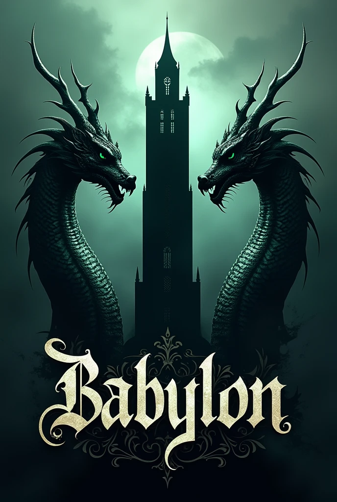 logo, in the middle there is a black tower above it, two dragons on both sides, fear, at the bottom there is an inscription in the Ehl language meaning Babylon