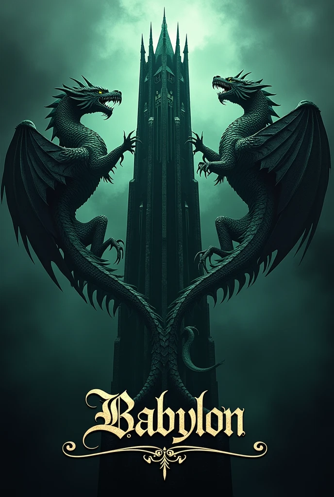 logo, in the middle there is a black tower above it, two dragons on both sides, fear, at the bottom there is an inscription in the Ehl language meaning Babylon