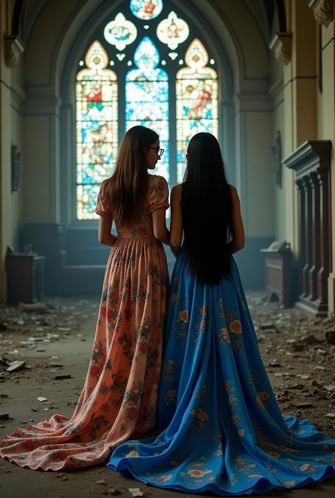 Neide.A Brazilian woman with long brown hair, wearing a floral dress,wearing glasses beside: Francisquinha.A Brazilian woman with long black hair, Brunetette,wearing a long blue floral dress. LOCAL:A polluted church full of rats, with an appearance similar to sewage.