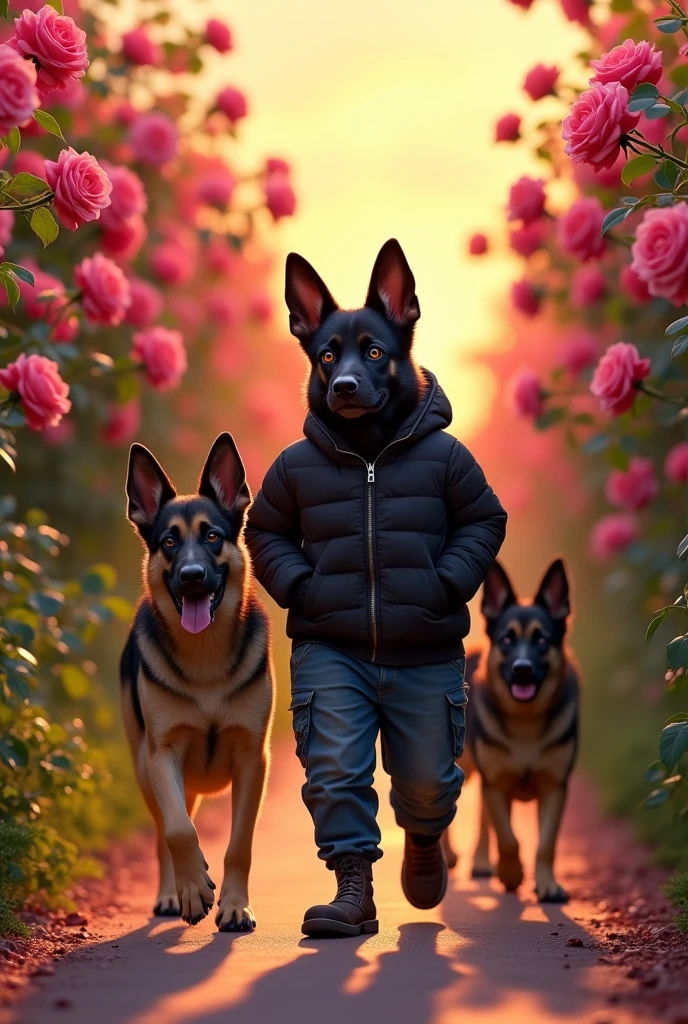 I would like you to create more people, an obese and poor boy named Pietro. He is Black and he is on a rose route. Pietro is gay and part of the LGBT community. He owns two German Shepherd dogs. Create an image about this.