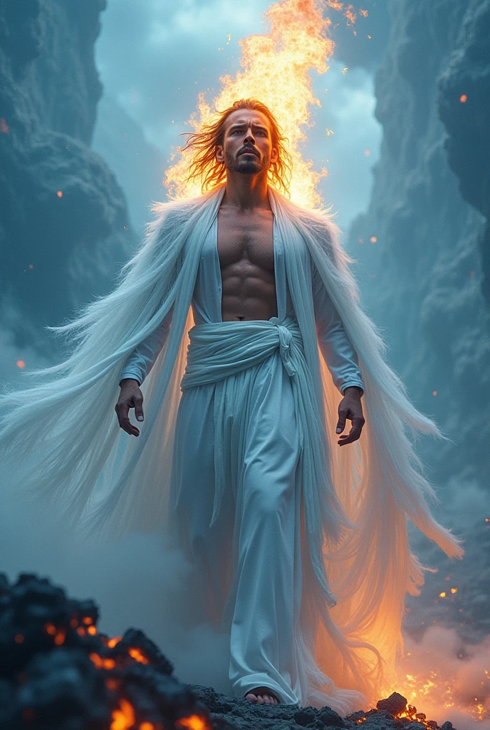 man, flaming eyes that shine like fire, hair white as snow, white and shining clothes, glories evaporating like blue mist, live coal and the sky tearing apart. realistic male