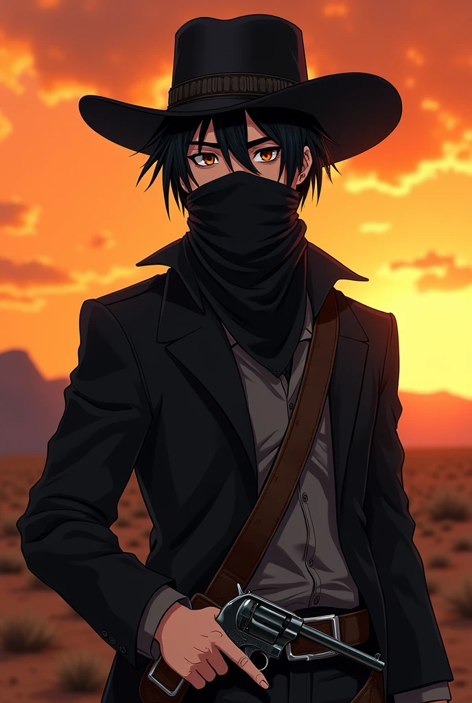 anime face: American OLD West Cowboy, white-skinned, Bblack hair, with a black bandana over his mouth, black hat, dark clothes, a holster with a Peacemaker revolver.