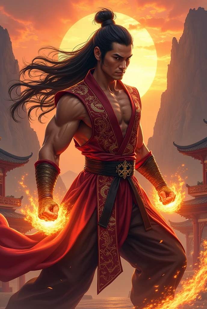 Liu Kang from Mortal Kombat with long hair and a bun