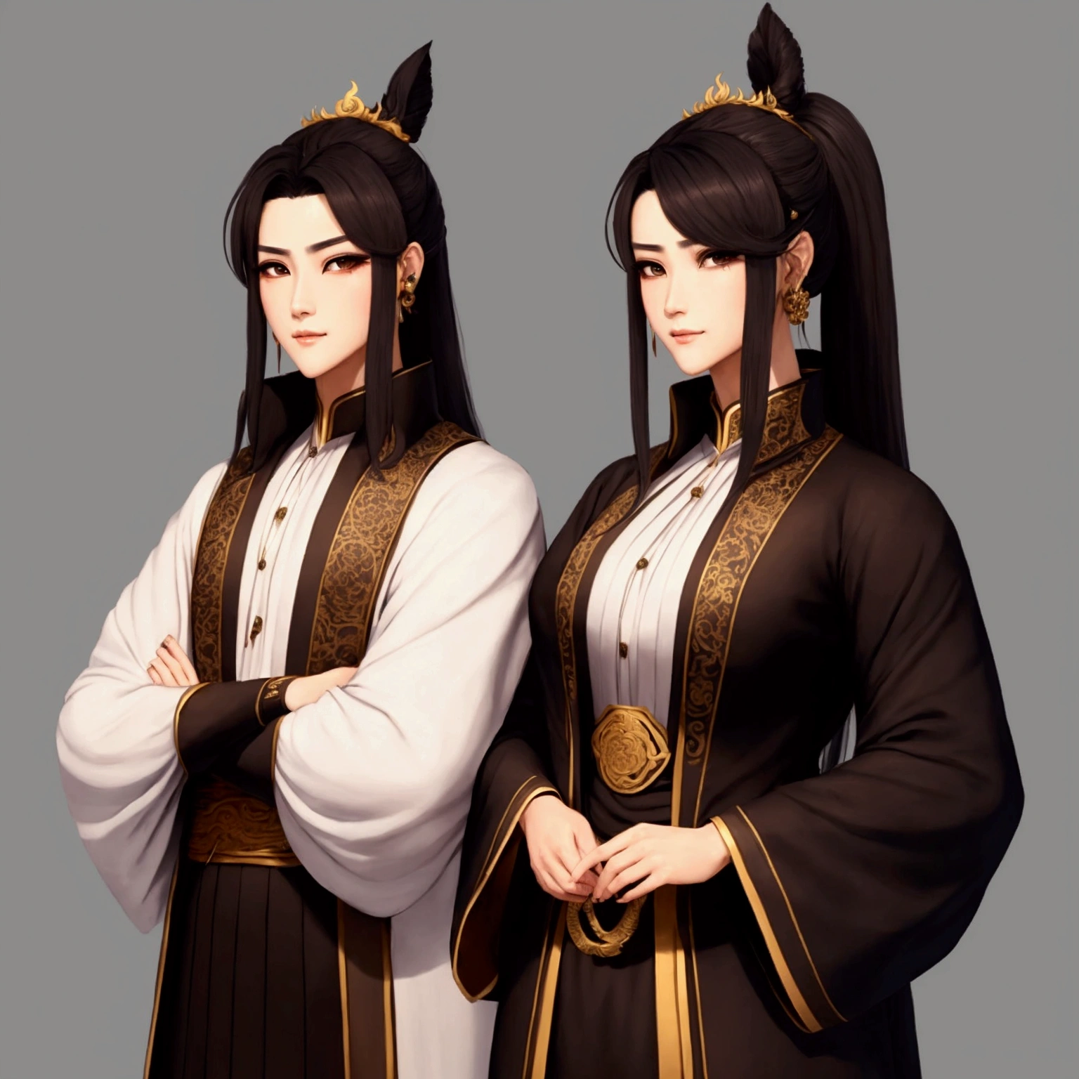 two women in oriental clothing standing next to each other, heise jinyao, full body xianxia, yiqiang and shurakrgt, flowing hair and long robes, keqing from genshin impact, beautiful androgynous prince, full body wuxia, bian lian, inspired by Li Mei-shu, inspired by Ju Lian