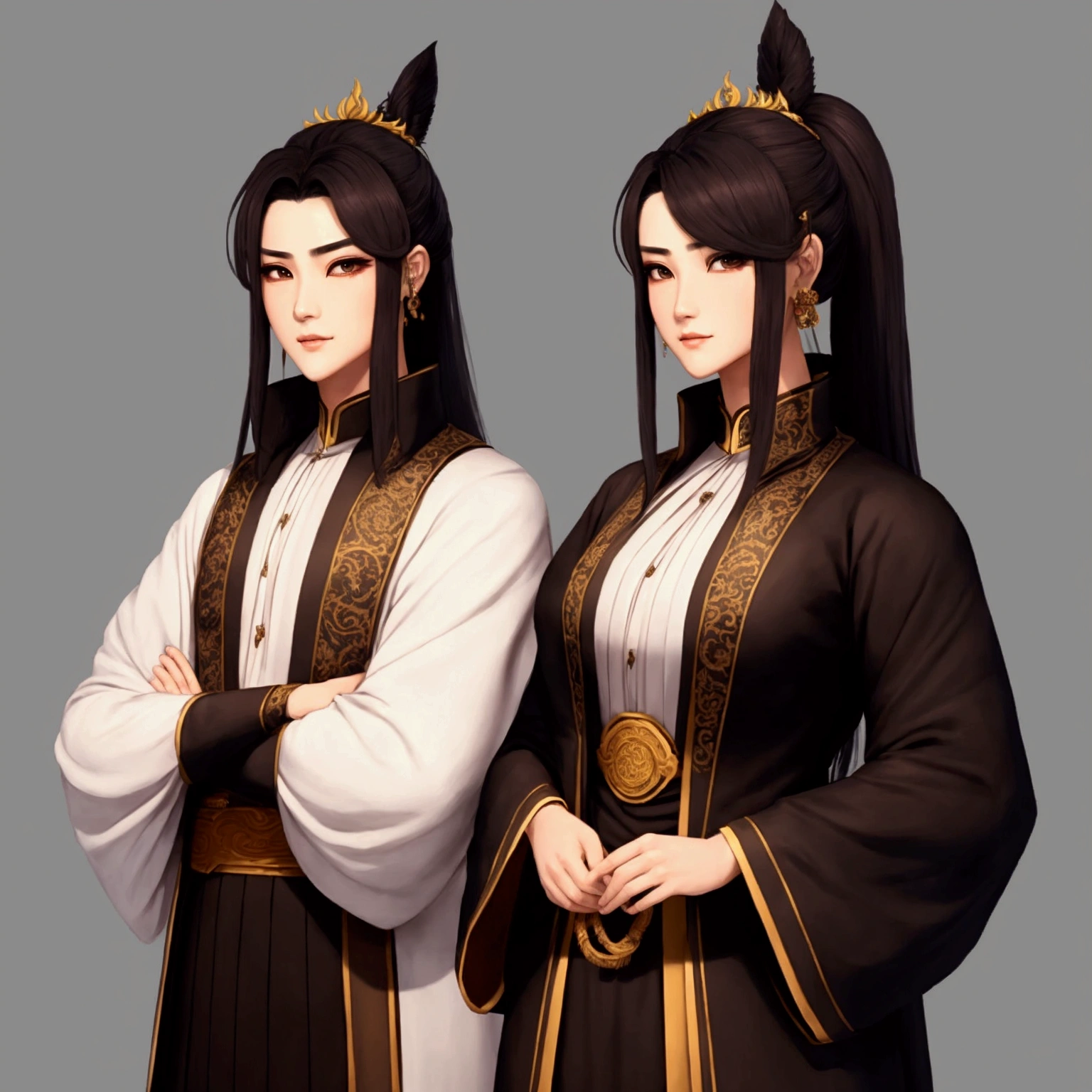two women in oriental clothing standing next to each other, heise jinyao, full body xianxia, yiqiang and shurakrgt, flowing hair and long robes, keqing from genshin impact, beautiful androgynous prince, full body wuxia, bian lian, inspired by Li Mei-shu, inspired by Ju Lian