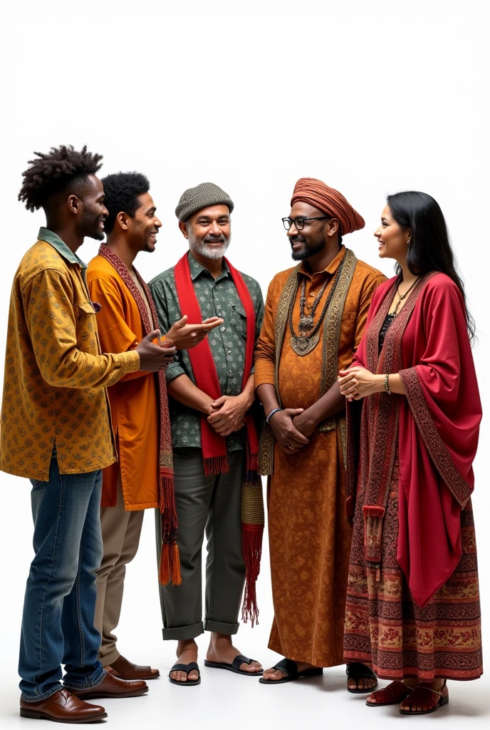 A group of people standing from different nationalities talking to each other in a horizontal position against a white background 