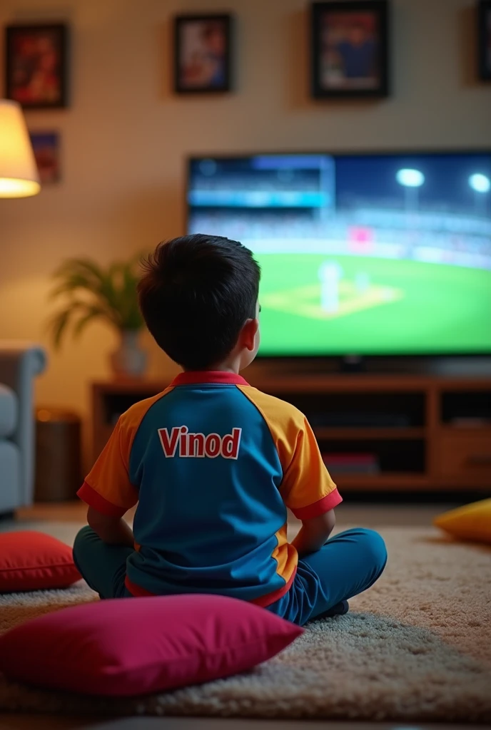 A boy is watching cricket on tv worn shirt Vinod