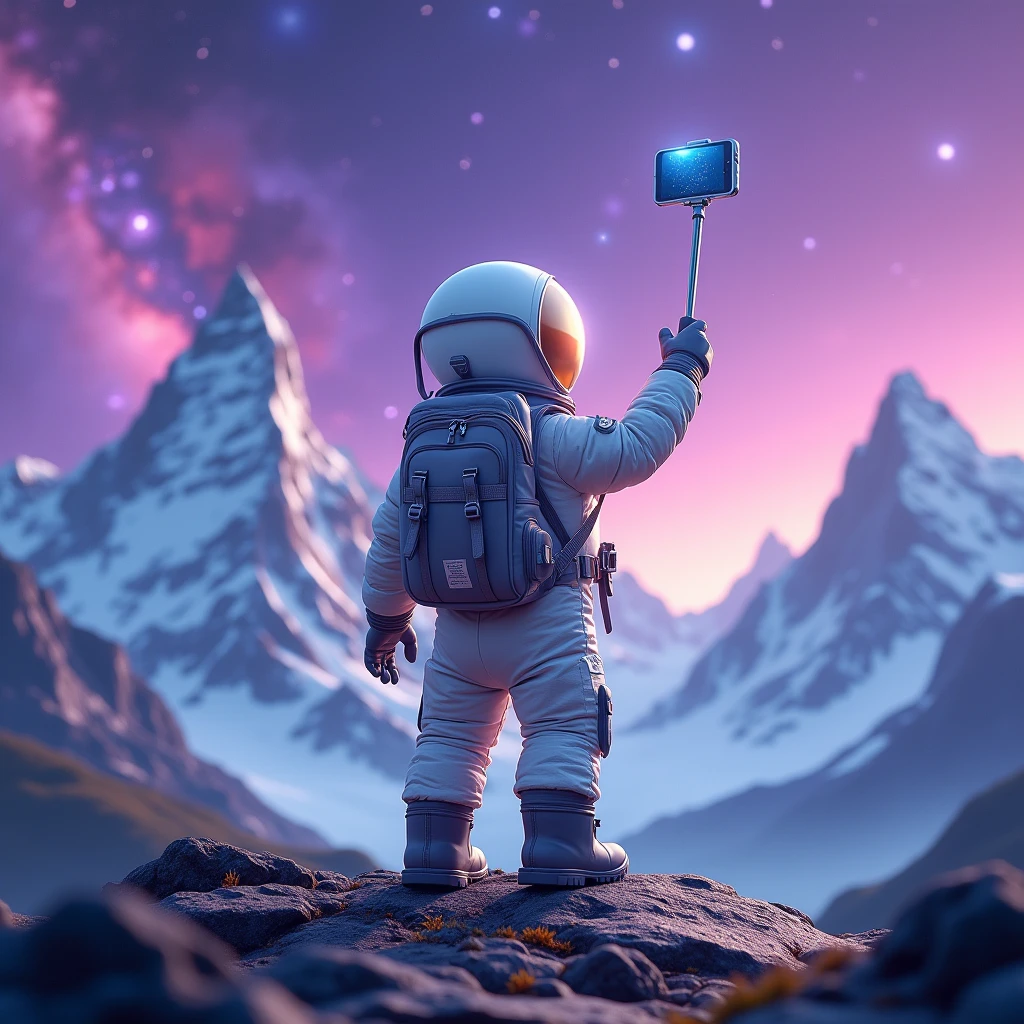 a little human astronaut avatar, acting as a travel vlogger wearing white color astronaut costume with big hike travel shoes , holding a selfie stick with its own reflection in the selfie shown and a backpack, taking a selfie showing his back view with mountains in a galaxy with a purple gradient background.