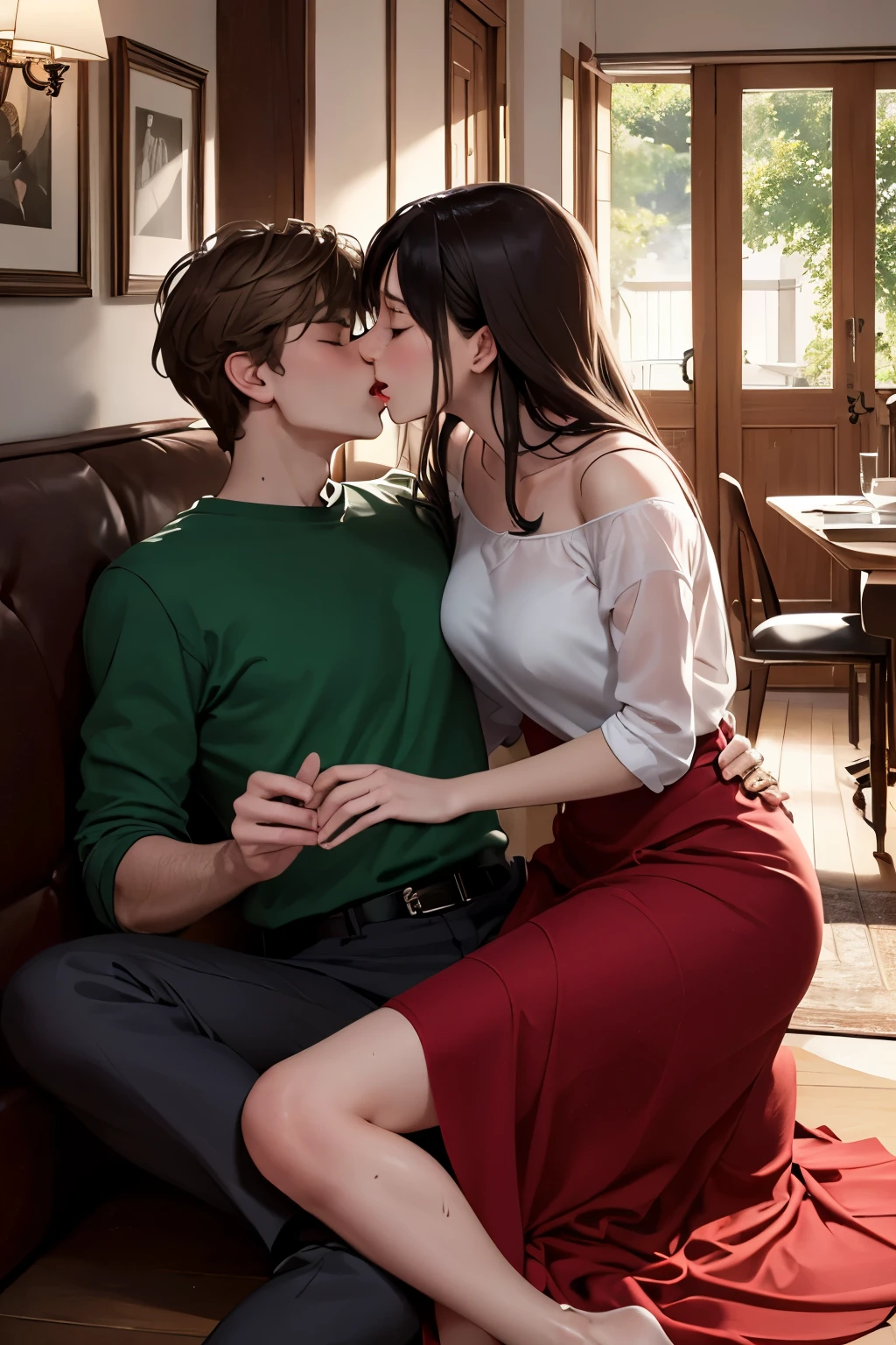 ((Highest quality)), ((masterpiece)), (detailed), ((a mature housewife and a young man)), long shiny light brown hair, housewife in a long dark-red dress, man in a green shirt, open mouth, medium breasts, he sofa, living room, embarrassed, in heat, happy, sweat, ecstasy, (imminent kiss), bare feet, (incoming kiss), closed eyes, (upper body), 