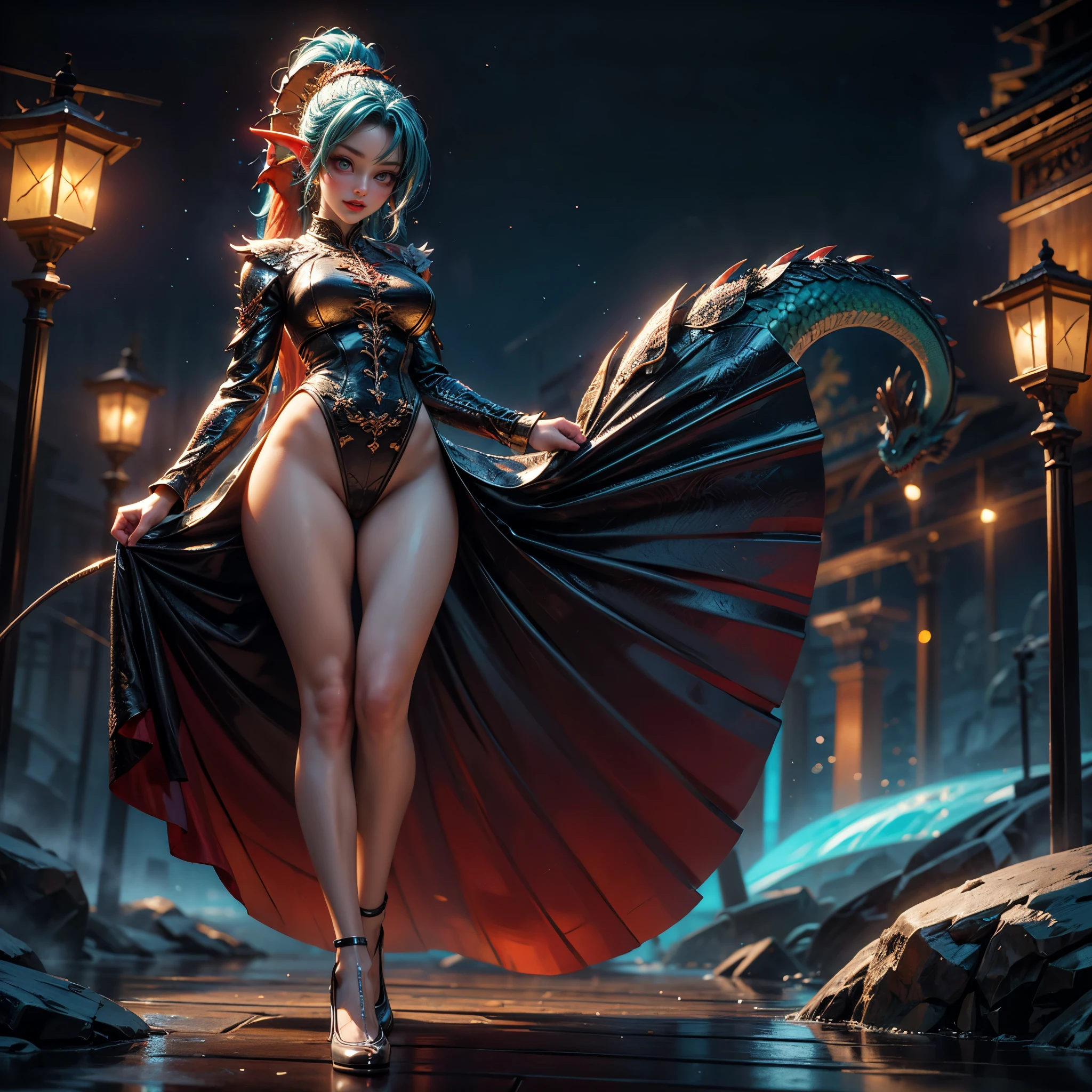 (Full Body of Extremely Detailed Dragon girl) with (Sparkling Red eyes) Cyan hair in a high ponytail, liquid hair, flowers, (Huge dragon head) in background, 8K TopQuality UltraDetailed Masterpiece of Professional Photo, HDR ultra-fine painting, LifeLike rendering, extreme detail description, professional, Bright colors, bokeh, (Exposed Hourglass Body Shape)