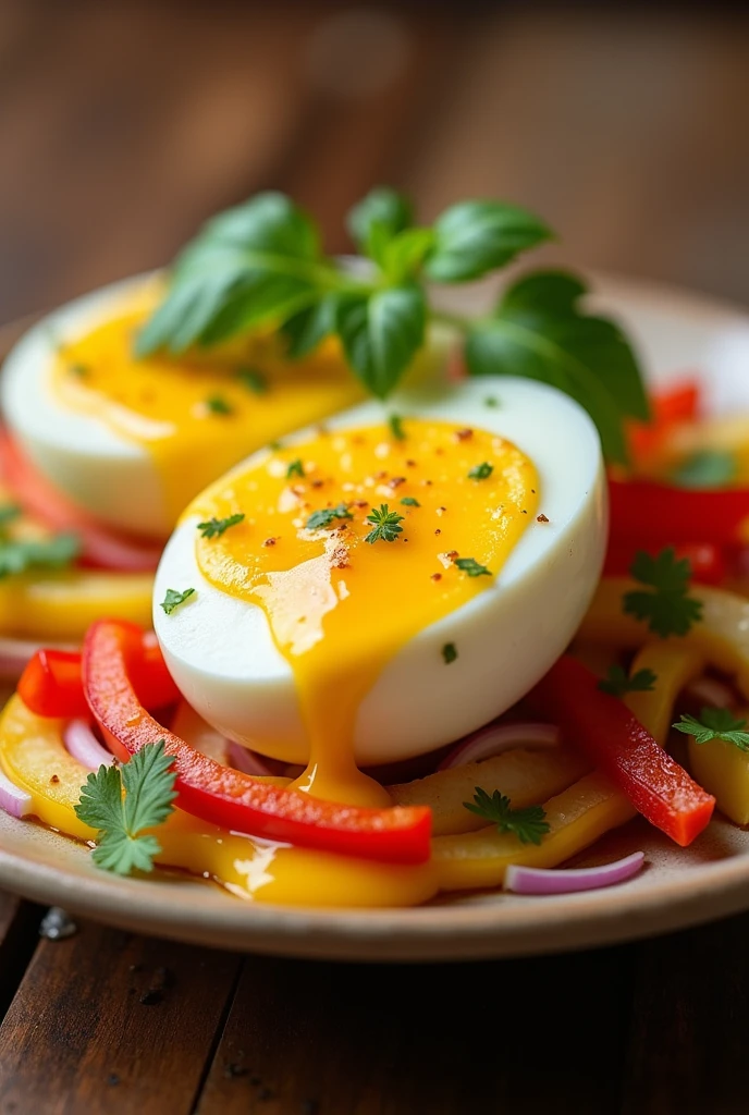 2 Boiled Eggs, julienned peppers and onions, queso