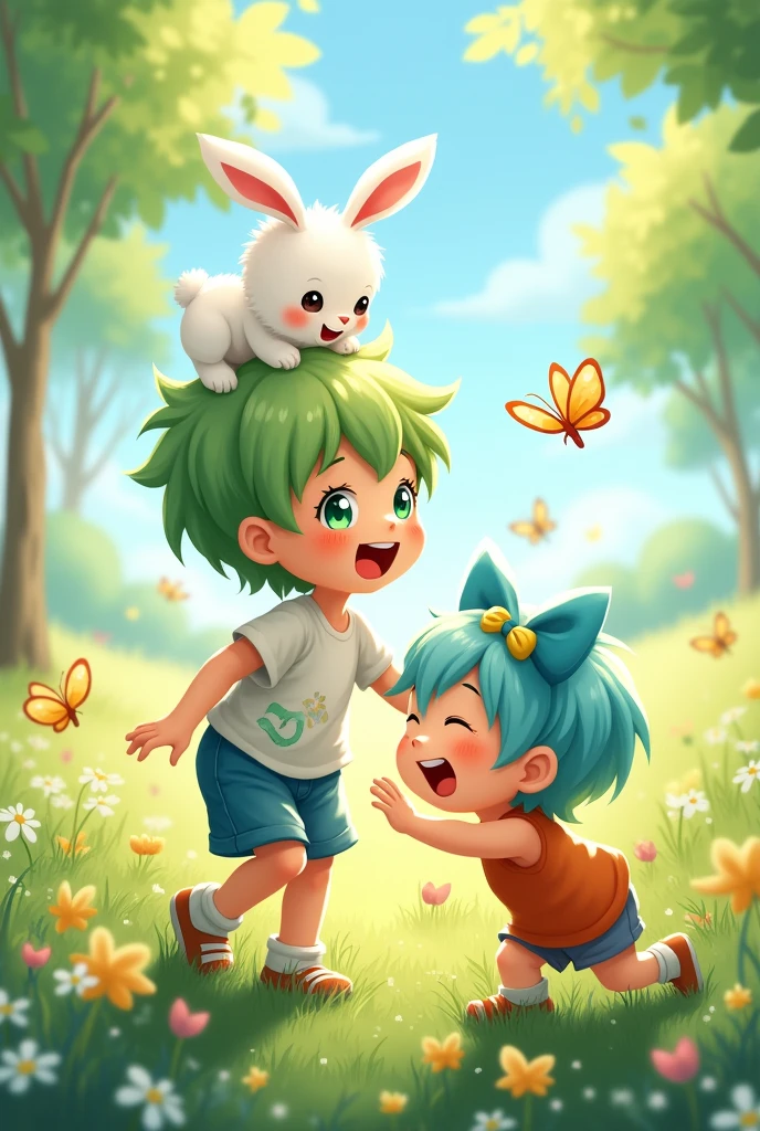 A light green haired boy with a rabbit perched on his head is playing with a light blue haired boy with a blue bow on his head.
