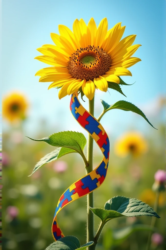 A yellow sunflower slightly tilted to the side, with at least 3 leaves on the stem, a falling petal, and a ribbon with the autism theme outlining the sunflower stem