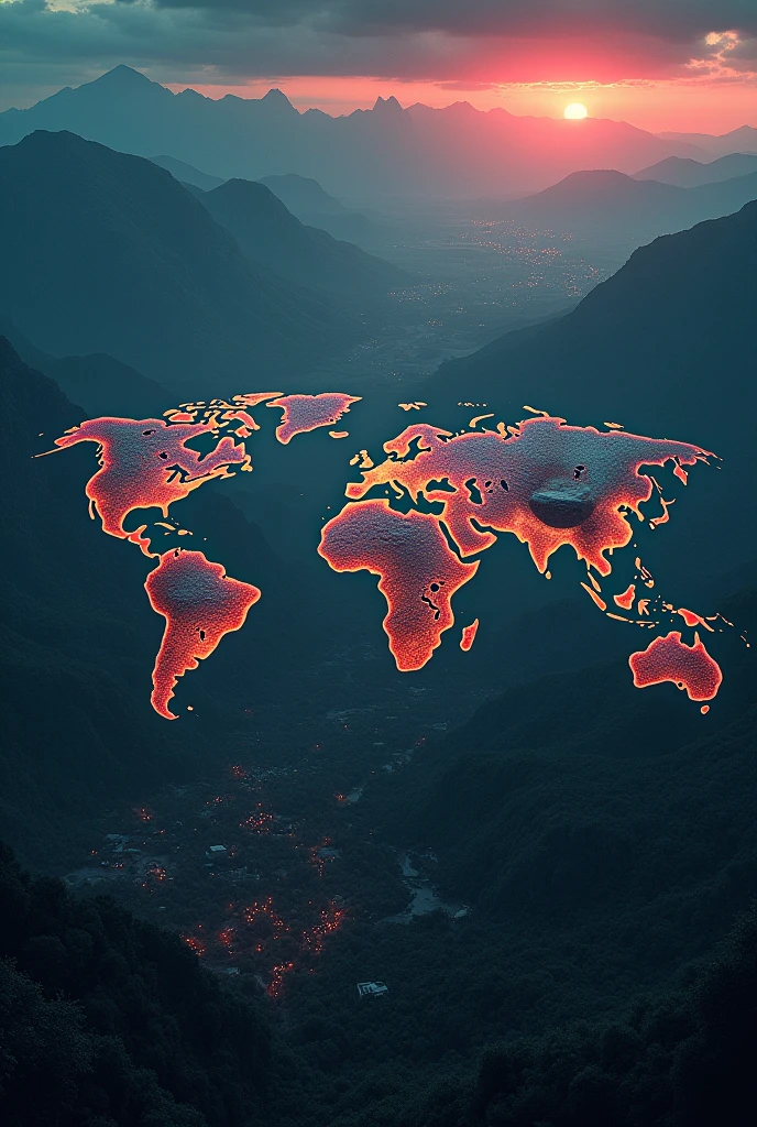 create a world seen from above with all the continents stuck together as if it were only one single continent, and on each continent there is a translucent cylindrical barrier.. make in night map style, in an apocalyptic style with the red sky