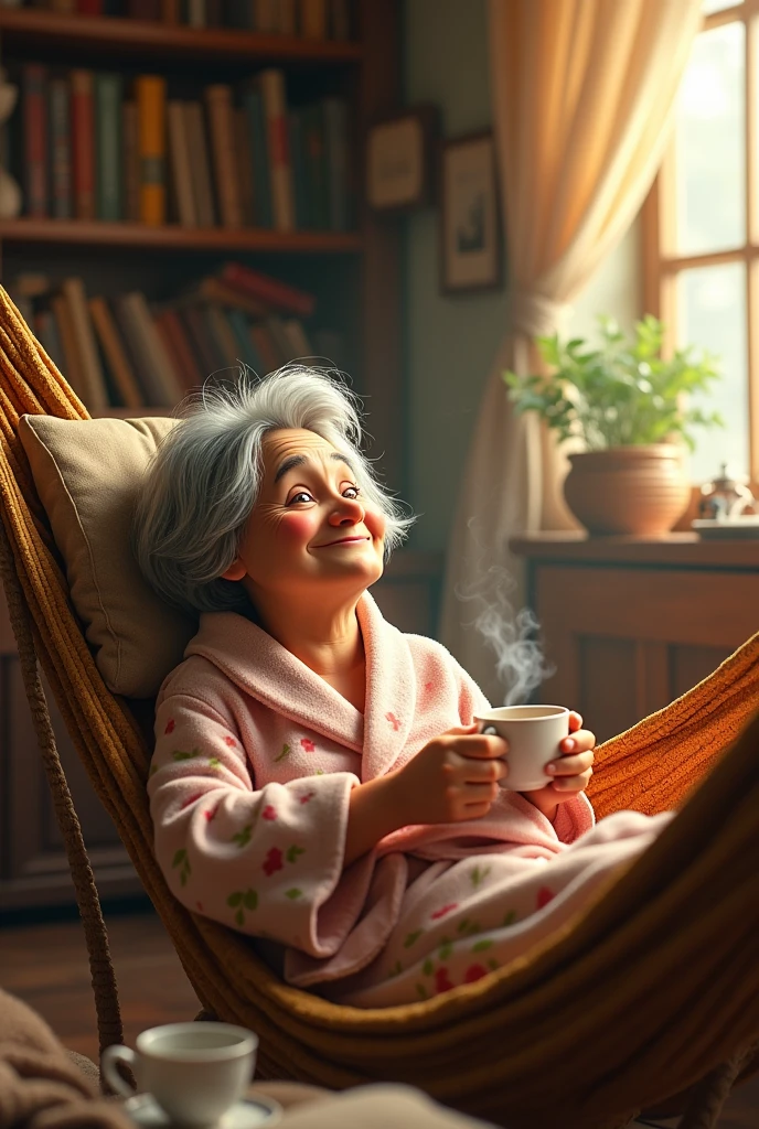 An old woman in a robe with bobbed hair lying in a hammock,in a messy house with a cup in her hand with a funny Disney Pixar face