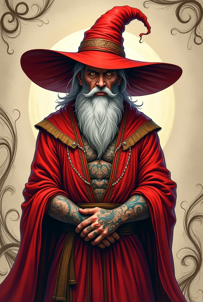 Create a character design for an old male anime wizard holding a tattoo machine for a tattoo studio logo. His name is Bruxo, he wears red clothing, and has tattoos. The image should only be from the chest up. , He has a big red anime wizard hat, 
