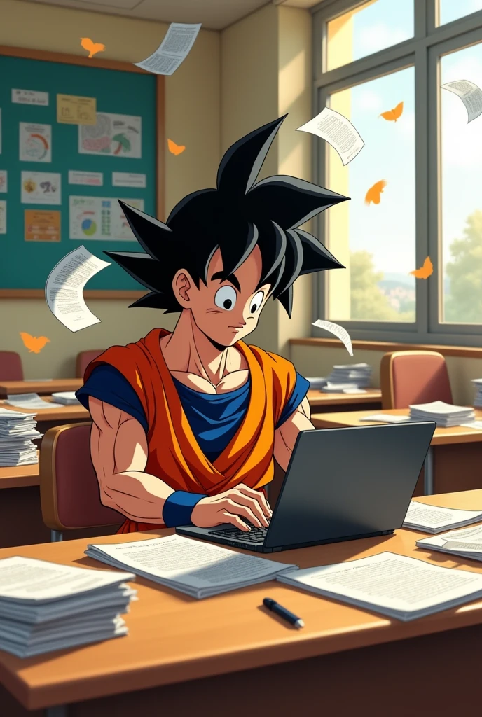 Goku doing reports at a school