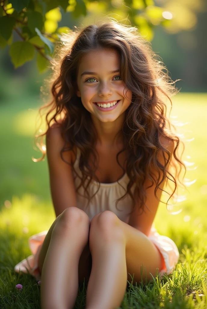 A brunette girl with curly hair and big breasts sits with her legs stretched out, taking a realistic photo