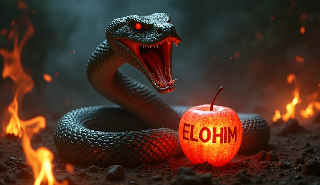 a large python snake with its mouth open, attempting to attack, looking ahead, The snake's tail is wrapping around a glowing apple., in the midst of an intense darkness of hell, surrounded by a lot of fire, The apple has letters written on it that say Elohim , The python snake staring with red eyes, moving darkly., The snake has its mouth open., the snake coiling around the apple, abundant fire