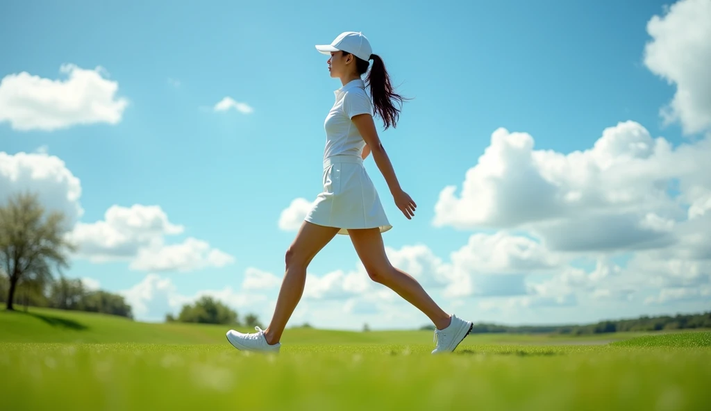 Make an Asian female model photo for a golf tournament poster, Full shot, The clothes are short skirts, sexy body, Walk towards the camera,