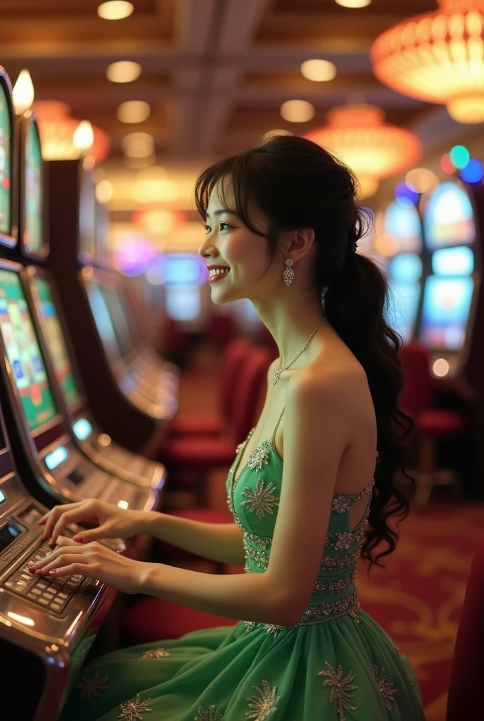Elegant and Realistic Asian Girl wearing Green and White Party Dress Playing Slot Gambling