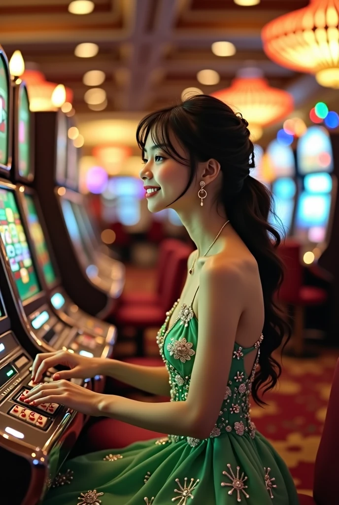 Elegant and Realistic Asian Girl wearing Green and White Party Dress Playing Slot Gambling