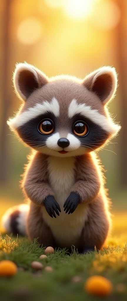 A mesmerizing, high-resolution image of an adorable, extra fluffy baby raccoon crafted in needle-felted art. This cute creature has oversized, expressive eyes and a gentle, smiling mouth, exuding a warm and inviting demeanor. The intricate detail and clean, isometric art style showcase the artist's mastery of felt textures. The soft, warm lighting accentuates the raccoon's charm, making it a delightful piece of art that captivates fans of enchanting creatures., conceptual art, 3d render, product, photo