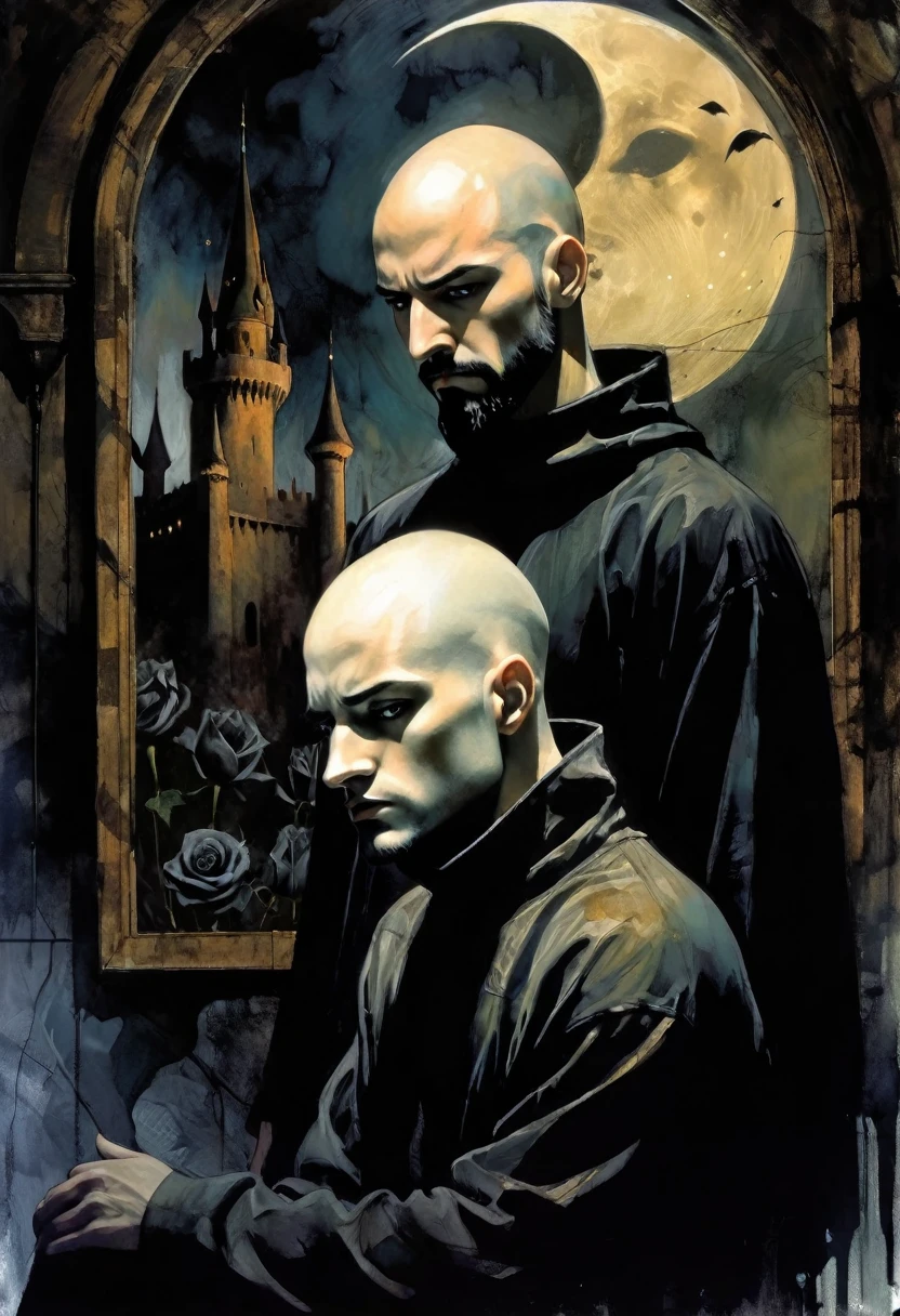 young man, very thin, bald, with black beard,black sweatshirt , magician,black roses, castle, wrapped in dark energies, black energies, magic, moon, black and white image, between shadows, oil painting, chiaroscuro, dramatic lighting, moody atmosphere, photorealistic, intricate details, masterpiece, ultra-detailed, high quality, 8k, best quality, realistic, cinematic, dark and brooding, expressionistic, powerful composition, emotional impact, art inspired by Bill Sienkiewicz and Dave McKean