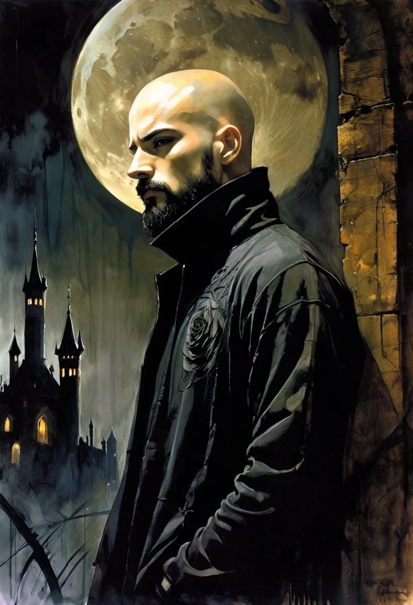 young man, very thin, bald, with black beard,black sweatshirt , magician,black roses, castle, wrapped in dark energies, black energies, magic, moon, black and white image, between shadows, oil painting, chiaroscuro, dramatic lighting, moody atmosphere, photorealistic, intricate details, masterpiece, ultra-detailed, high quality, 8k, best quality, realistic, cinematic, dark and brooding, expressionistic, powerful composition, emotional impact, art inspired by Bill Sienkiewicz and Dave McKean