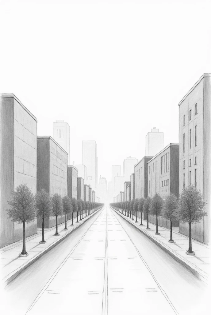 Generate an image with two vanishing points of a city, it has to be in pencil without many details, horizontal like a sheet of paper, the two vanishing points have to be horizontal. Not far away but a little bit from above but not too much