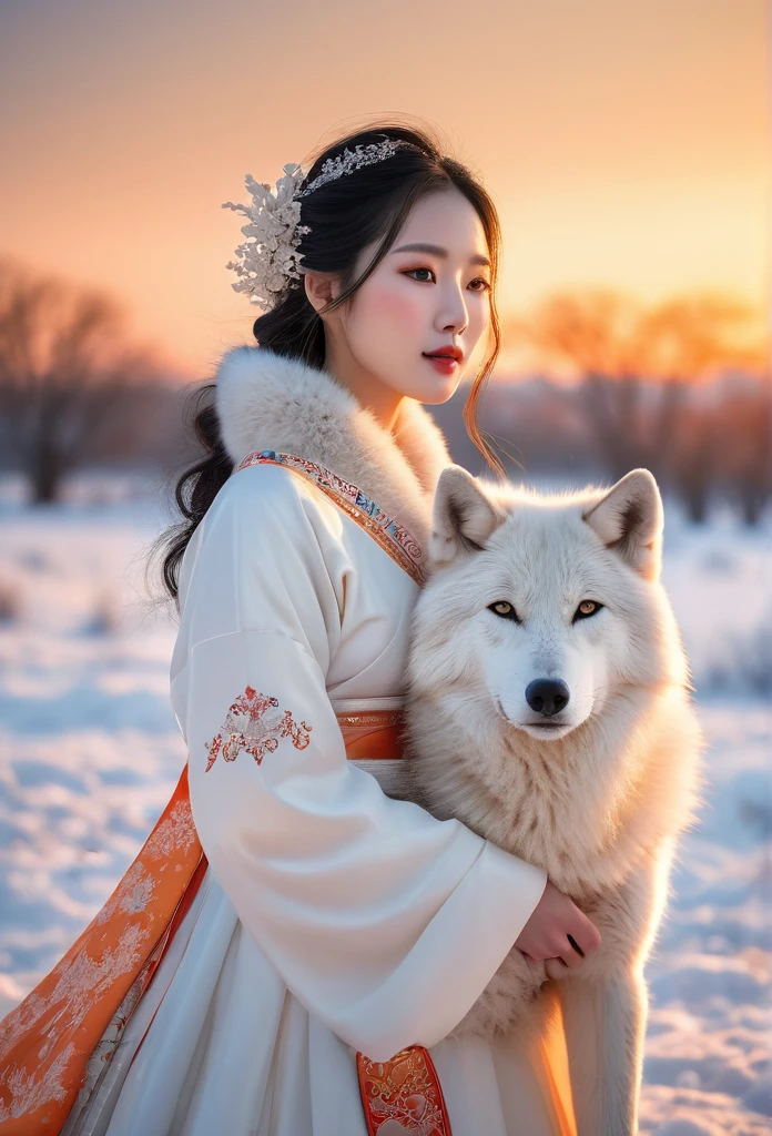 A beautiful Korean woman in a pure white ancient Chinese dress, embracing a large white wolf in a snowy field, with snowfall, in the evening, with the orange glow of the setting sun casting a warm light in the background, (best quality,4k,8k,highres,masterpiece:1.2),ultra-detailed,(realistic,photorealistic,photo-realistic:1.37),detailed face,detailed eyes,detailed lips,extremely detailed eyes and face,long eyelashes,detailed dress,detailed fur,detailed snow,detailed sunset,landscape,portrait,warm colors,soft lighting