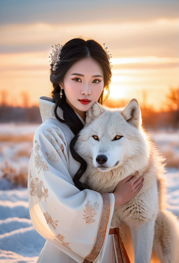 A beautiful Korean woman in a pure white ancient Chinese dress, embracing a large white wolf in a snowy field, with snowfall, in the evening, with the orange glow of the setting sun casting a warm light in the background, (best quality,4k,8k,highres,masterpiece:1.2),ultra-detailed,(realistic,photorealistic,photo-realistic:1.37),detailed face,detailed eyes,detailed lips,extremely detailed eyes and face,long eyelashes,detailed dress,detailed fur,detailed snow,detailed sunset,landscape,portrait,warm colors,soft lighting
